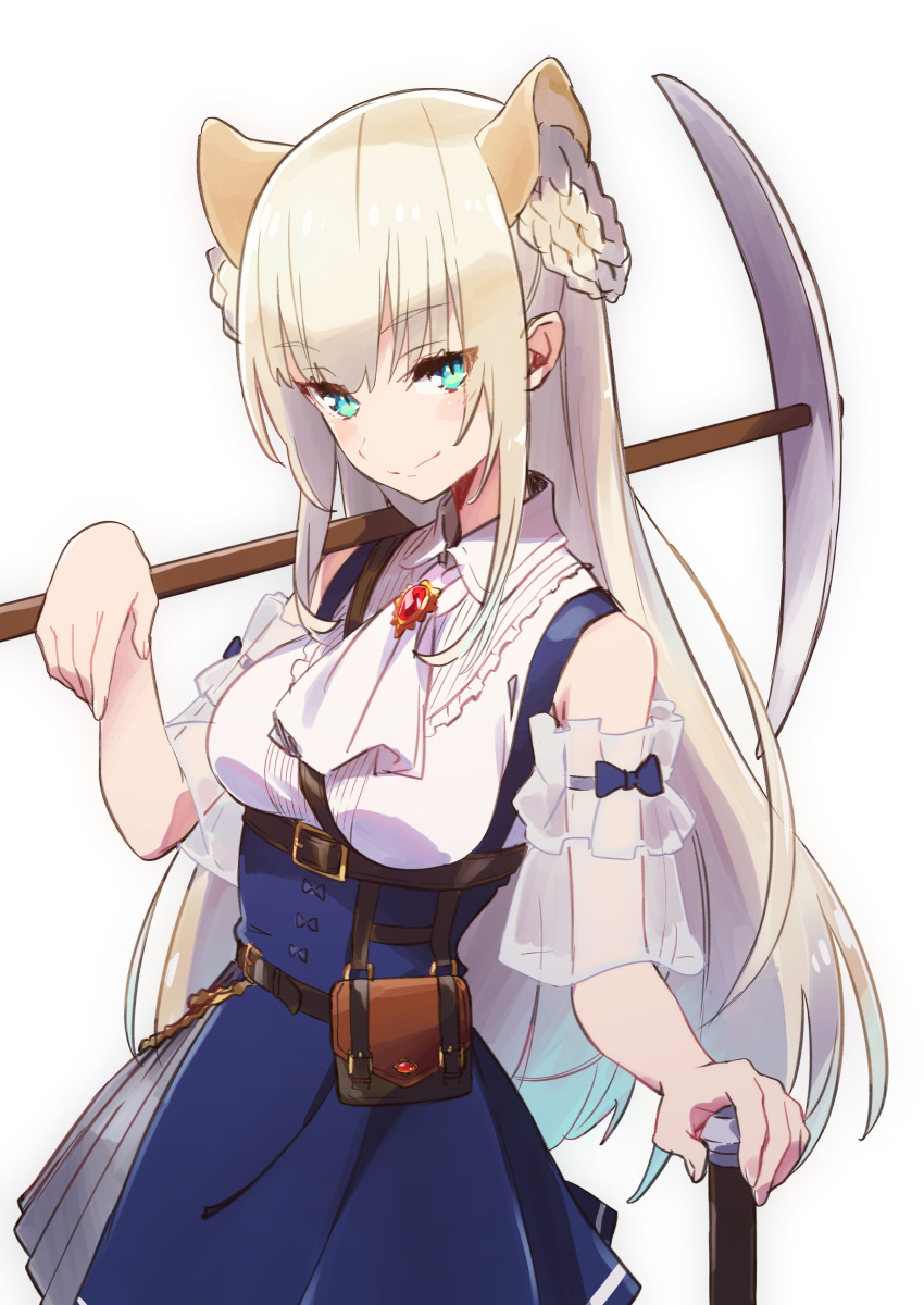 1girl absurdres animal_ears atelier_fraulein bangs belt blonde_hair blue_skirt braided_bun breasts brooch closed_mouth commentary_request cowboy_shot double_bun eyebrows_visible_through_hair highres holding holding_pickaxe jewelry lion_ears long_hair looking_at_viewer medium_breasts pickaxe pouch see-through shido_lio shirt simple_background sketch skirt sleeveless smile solo standing tama_(tama-s) virtual_youtuber white_background white_shirt