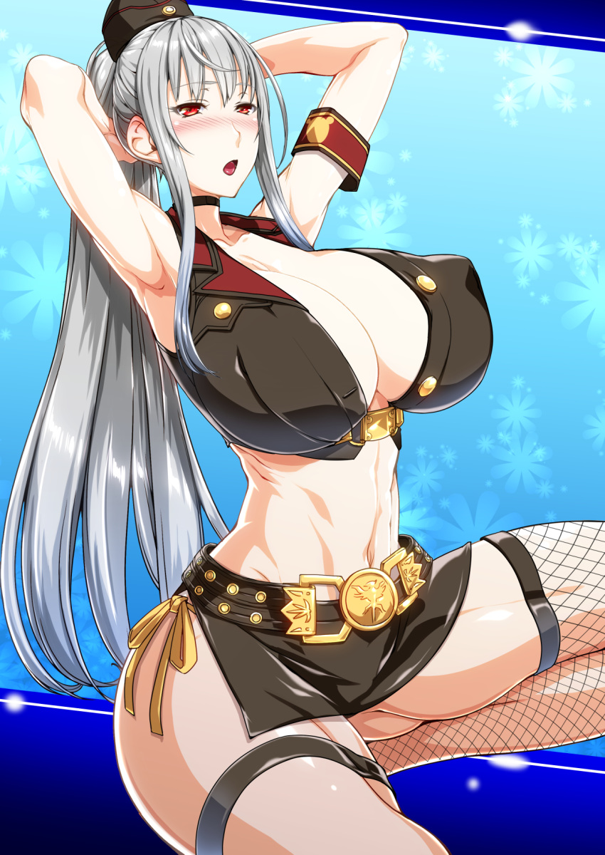 1girl ass bare_shoulders blush breasts cleavage ebido erect_nipples highres huge_breasts long_hair military military_uniform navel open_mouth pantyhose ponytail red_eyes selvaria_bles senjou_no_valkyria senjou_no_valkyria_1 silver_hair solo swimsuit uniform very_long_hair wide_hips