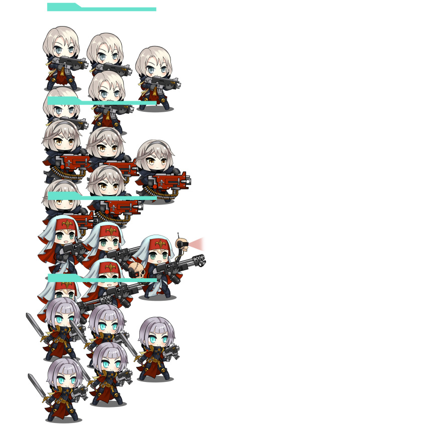 6+girls absurdres adepta_sororitas aquila_(symbol) assault_rifle body_armor bolter chibi drone flamethrower gauntlets girls_frontline gloves gun habit highres machine_gun moonface multiple_girls nun parody pauldrons rifle shadow skull submachine_gun sword warhammer_40k weapon