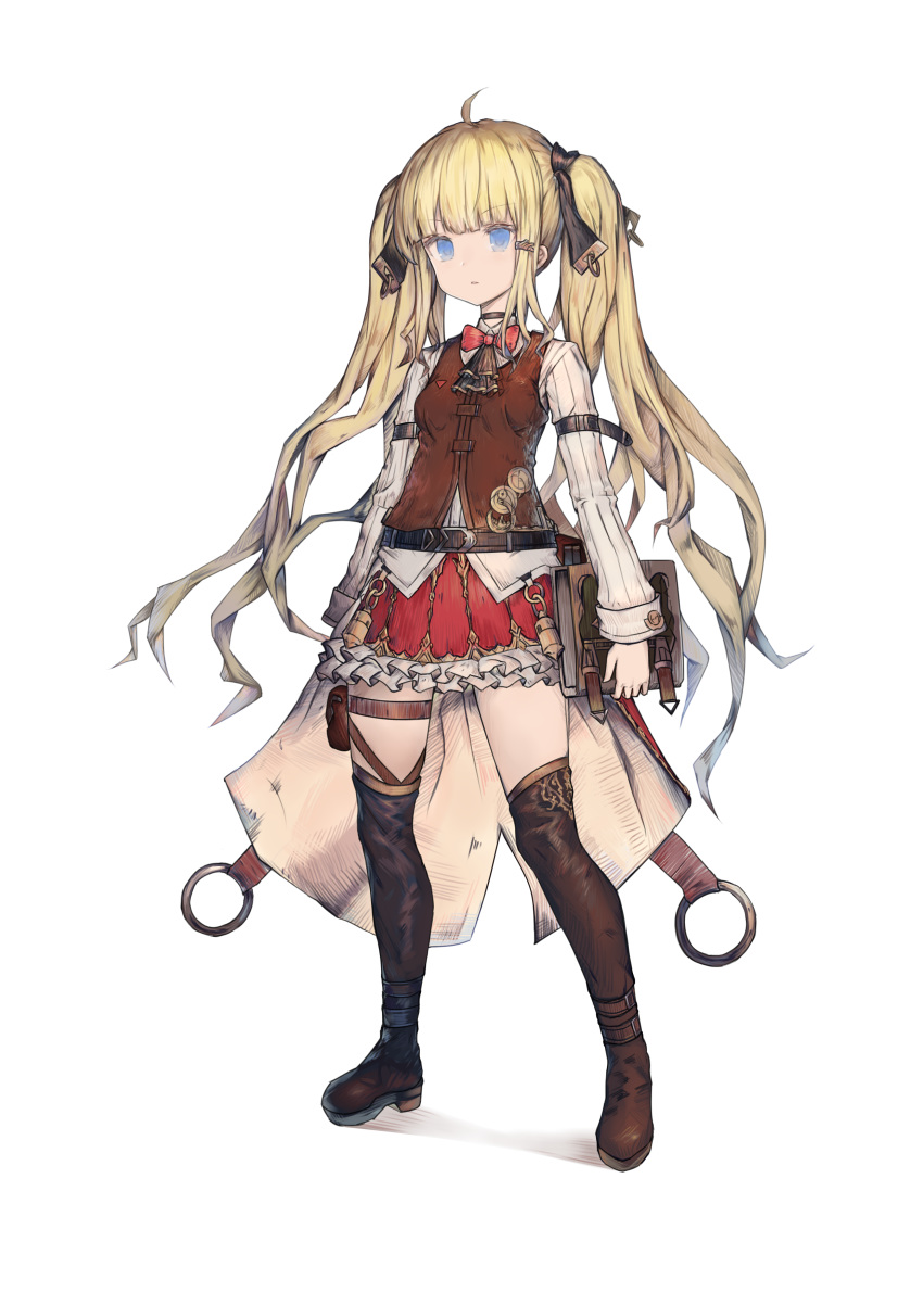 1girl absurdres ahoge ascot bangs belt belt_buckle blonde_hair blue_eyes book boots bow bowtie breasts brown_belt brown_bow brown_footwear brown_legwear brown_neckwear brown_vest buckle eyebrows_visible_through_hair frilled_skirt frills full_body hair_bow highres holding holding_book long_hair long_sleeves looking_at_viewer original parted_lips red_neckwear red_skirt ribbed_shirt shirt skirt small_breasts solo standing thigh_boots thighhighs transparent_background tsubaki_(yi) twintails v-shaped_eyebrows very_long_hair vest white_shirt