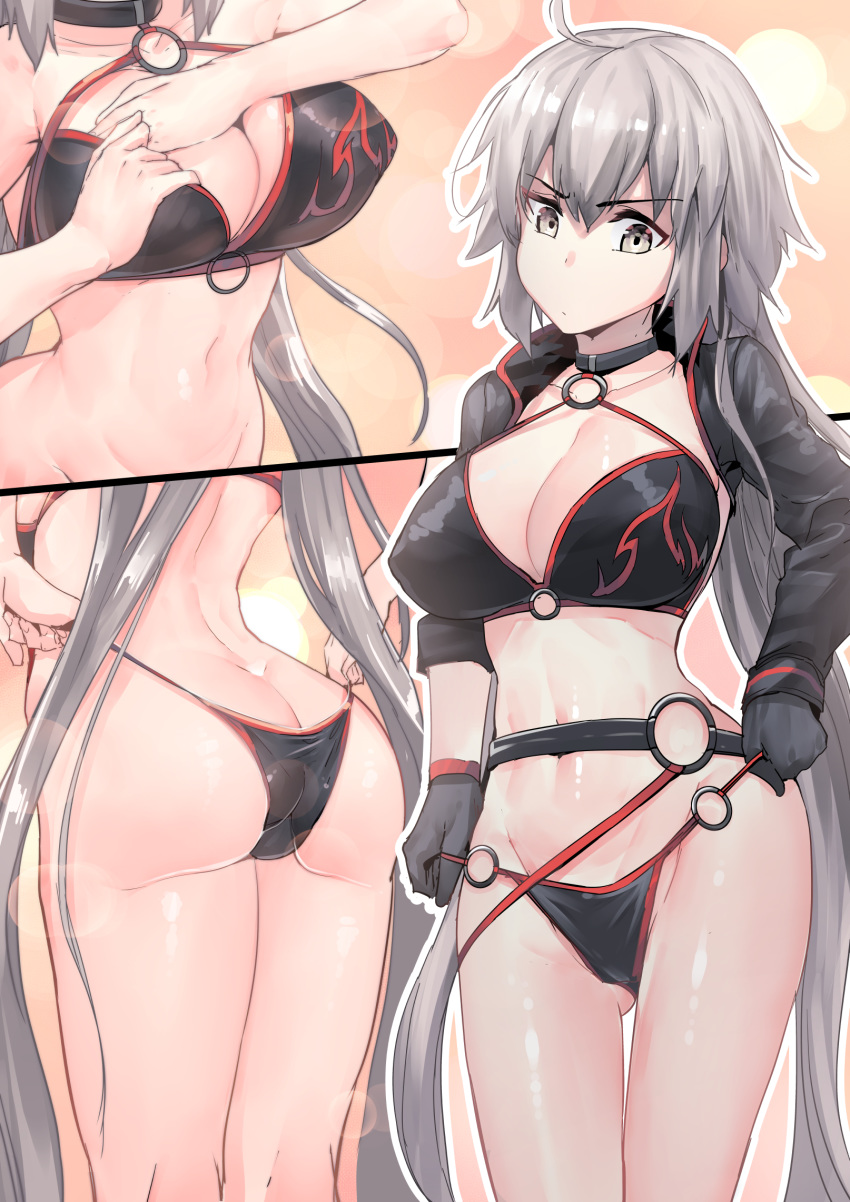 1girl ahoge ass bikini black_bikini black_gloves breasts bubble_background butt_crack choker chung_cthemax cleavage commentary commentary_request english_commentary eyebrows_visible_through_hair fate/grand_order fate_(series) gloves gluteal_fold hair_between_eyes highres jacket jeanne_d'arc_(alter_swimsuit_berserker) jeanne_d'arc_(fate)_(all) korean_commentary large_breasts long_hair multiple_views navel o-ring o-ring_bikini orange_background shrug_(clothing) silver_hair solo swimsuit very_long_hair yellow_eyes