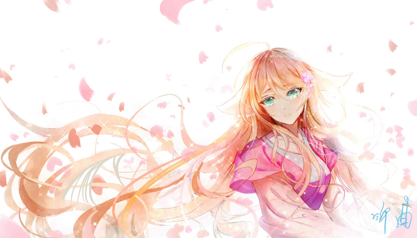 1girl blonde_hair collarbone floating_hair frown green_eyes hair_between_eyes highres huyao_xiao_hongniang long_hair long_sleeves looking_at_viewer solo tingqu upper_body very_long_hair white_background