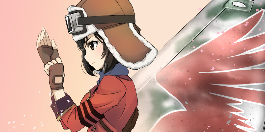 1girl airplane_wing aviator_cap black_hair brown_eyes brown_gloves coat fingerless_gloves from_side gloves goggles goggles_on_headwear highres ki-43_hayabusa kirie_(kouya_no_kotobuki_hikoutai) kouya_no_kotobuki_hikoutai pink_background red_coat short_hair solo tokihama_jirou