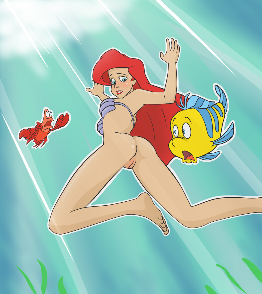 ariel ass blue_eyes bottomless crab disney fish flounder_(the_little_mermaid) mermaid pussy red_hair sebastian the_little_mermaid underwater