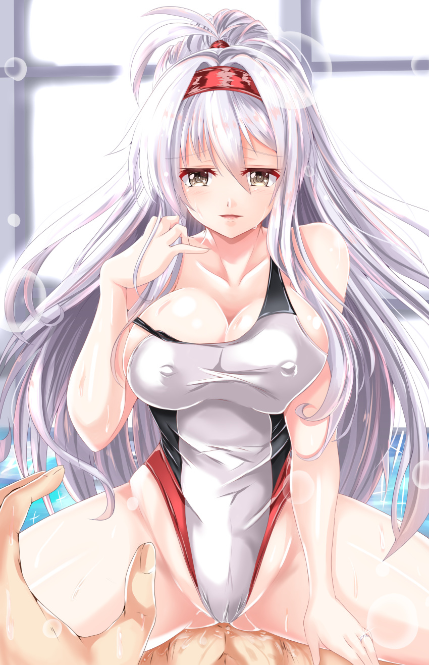 1girl alternate_costume alternate_hairstyle breasts commentary_request erect_nipples girl_on_top grey_eyes hairband high_ponytail highres impossible_clothes impossible_swimsuit jewelry kantai_collection kentan_(kingtaiki) large_breasts long_hair looking_at_viewer one-piece_swimsuit pov ring shoukaku_(kantai_collection) silver_hair solo_focus spread_legs straddling strap_slip swimsuit taut_clothes taut_swimsuit wedding_band white_swimsuit