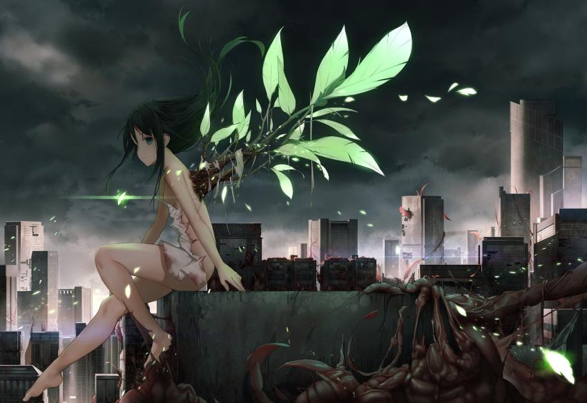 1girl absurdres backlighting bare_arms bare_legs bare_shoulders barefoot black_hair blood bloody_clothes breasts building cg_(2686805355) city cloud cloudy_sky commentary_request dress floating_hair from_side full_body glowing green_eyes green_wings highres leaf long_hair looking_at_viewer looking_to_the_side outdoors saya saya_no_uta sideboob sitting sky small_breasts solo torn_clothes torn_dress white_dress wind wings