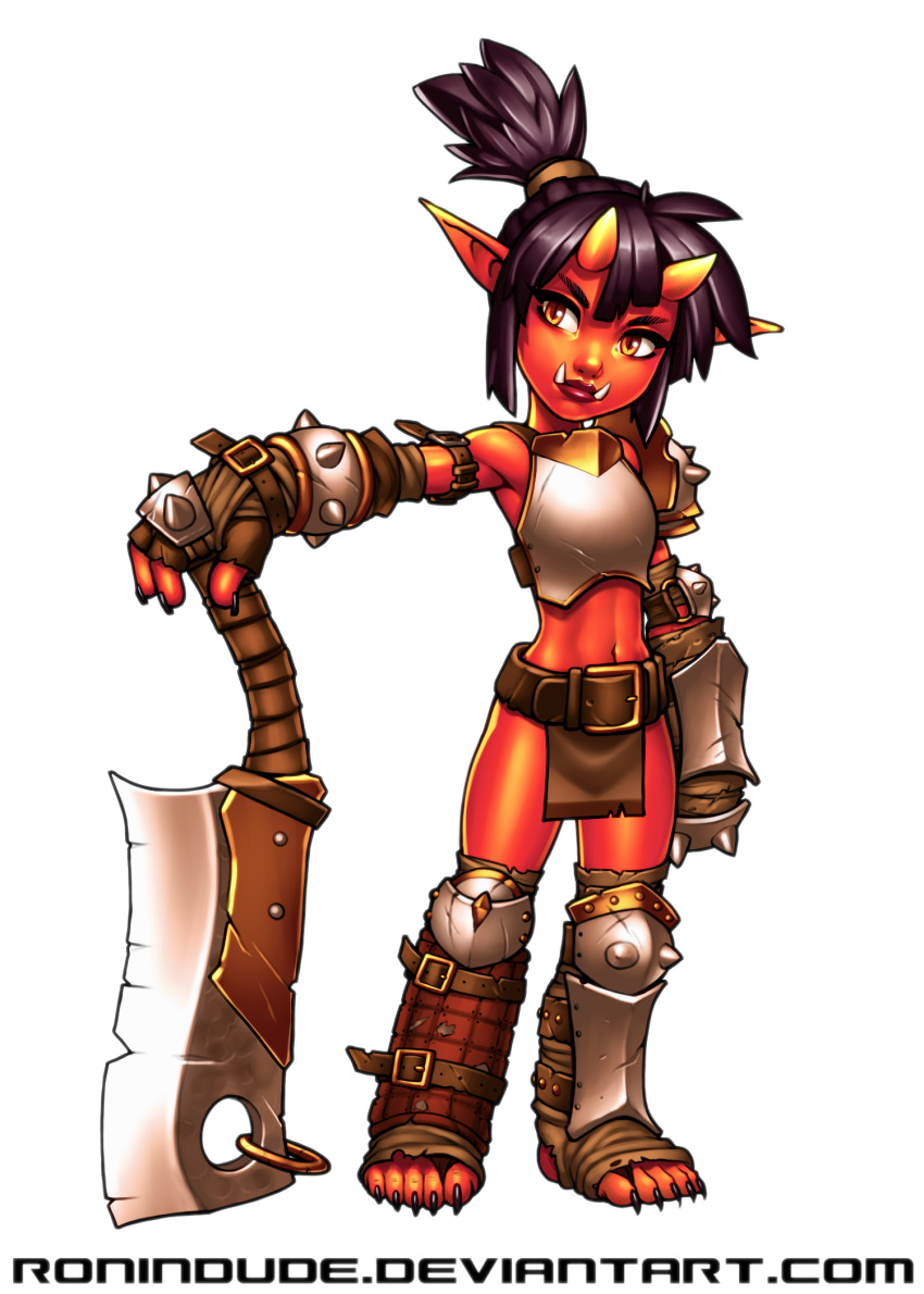 amber_eyes armor belt belt_buckle big_lips black_claws breastplate claws clothed clothing fangs female fully_clothed hi_res humanoid lips loincloth meat_cleaver melee_weapon oni oversized_weapon red_lips red_skin ronindude simple_background slit_pupils solo weapon white_background