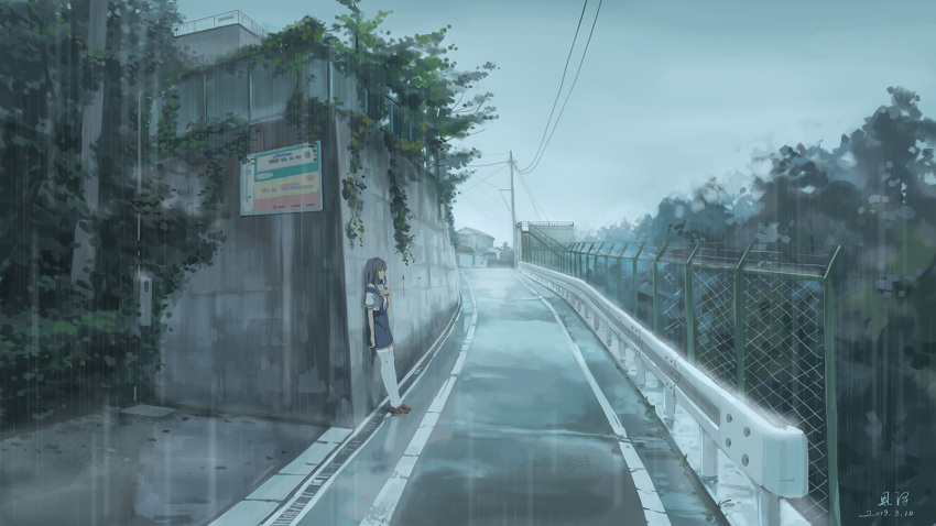 1girl against_wall bangs black_hair blue_skirt building chain-link_fence clannad commentary_request fence fujibayashi_kyou grey_sky hand_on_own_chest highres long_hair making-of_available outdoors plant power_lines rain road sailor_collar scenery school_uniform serafuku short_sleeves skirt solo street suspender_skirt suspenders telephone_pole thighhighs very_long_hair vines wet wet_clothes white_legwear wide_shot xiaobanbei_milk zettai_ryouiki