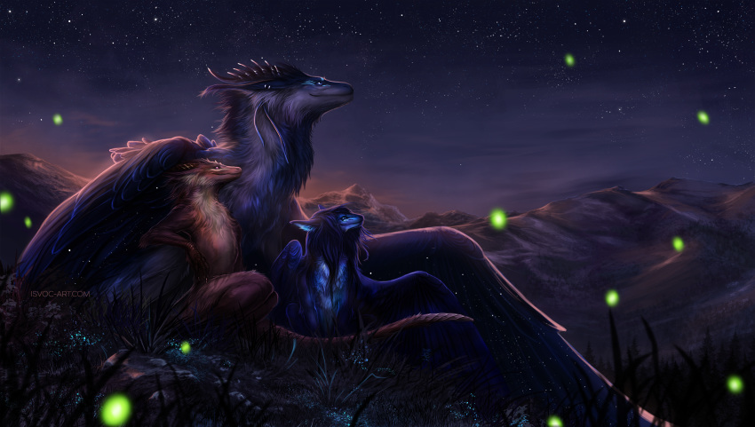 2019 ambiguous_gender anthro detailed_background digital_media_(artwork) dragon feathered_dragon feathered_wings feathers feral fur furred_dragon hi_res horn isvoc night outside sky smile star starry_sky wings