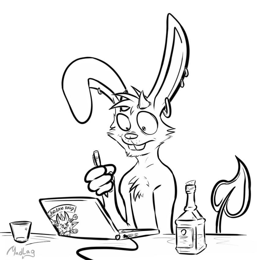 2019 3_fingers alcohol anthro beverage bottle buckteeth chest_tuft computer demon digital_drawing_(artwork) digital_media_(artwork) front_view fur hi_res horn jewelry lagomorph laptop long_ears madlag male mammal pen piercing rabbit reaction_image russian_text signature sitting solo solo_focus spade spade_tail teeth text toony tuft