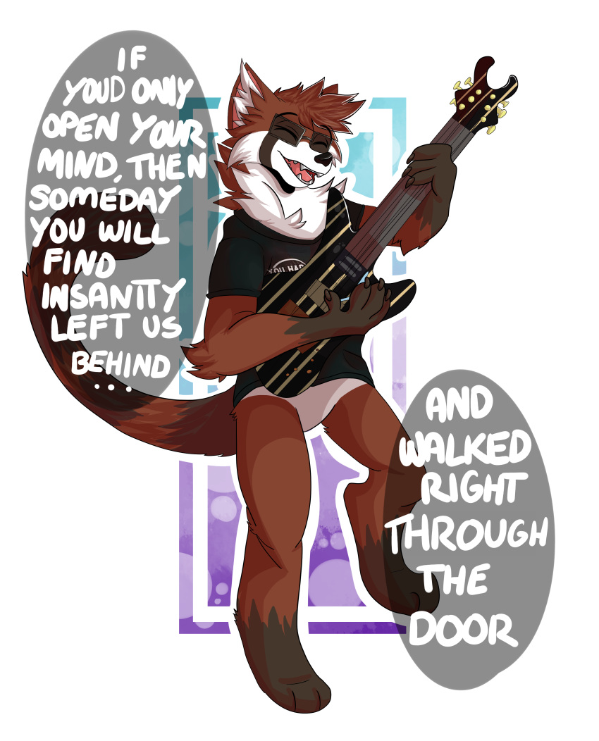 2019 absurd_res anthro avenged_sevenfold black_nose bottomless brown_fur clothed clothing digital_media_(artwork) fluffy fur gatnial guitar hi_res lyrics male mammal musical_instrument perosama procyonid raccoon shirt singing smile solo t-shirt white_fur