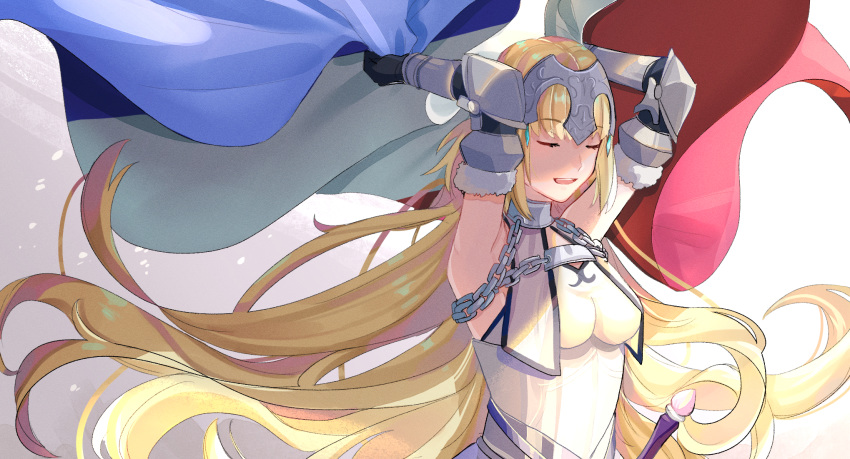 1girl :d absurdly_long_hair armpits arms_up black_gloves blonde_hair breasts chains elbow_gloves eyebrows_visible_through_hair eyes_closed fate/apocrypha fate_(series) flag floating_hair french_flag fur-trimmed_gloves fur_trim gina_61324 gloves highres holding holding_flag jeanne_d'arc_(fate) jeanne_d'arc_(fate)_(all) long_hair medium_breasts open_mouth shiny shiny_hair smile solo upper_body very_long_hair