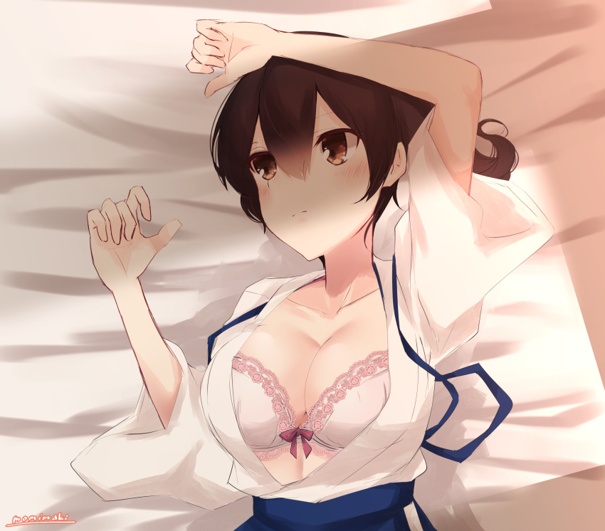 1girl blush bra breasts brown_eyes brown_hair closed_mouth eyebrows_visible_through_hair hair_between_eyes hakama hakama_skirt highres japanese_clothes kaga_(kantai_collection) kantai_collection kimono large_breasts long_hair lying momiji_(103) on_back on_bed side_ponytail solo underwear white_bra white_kimono