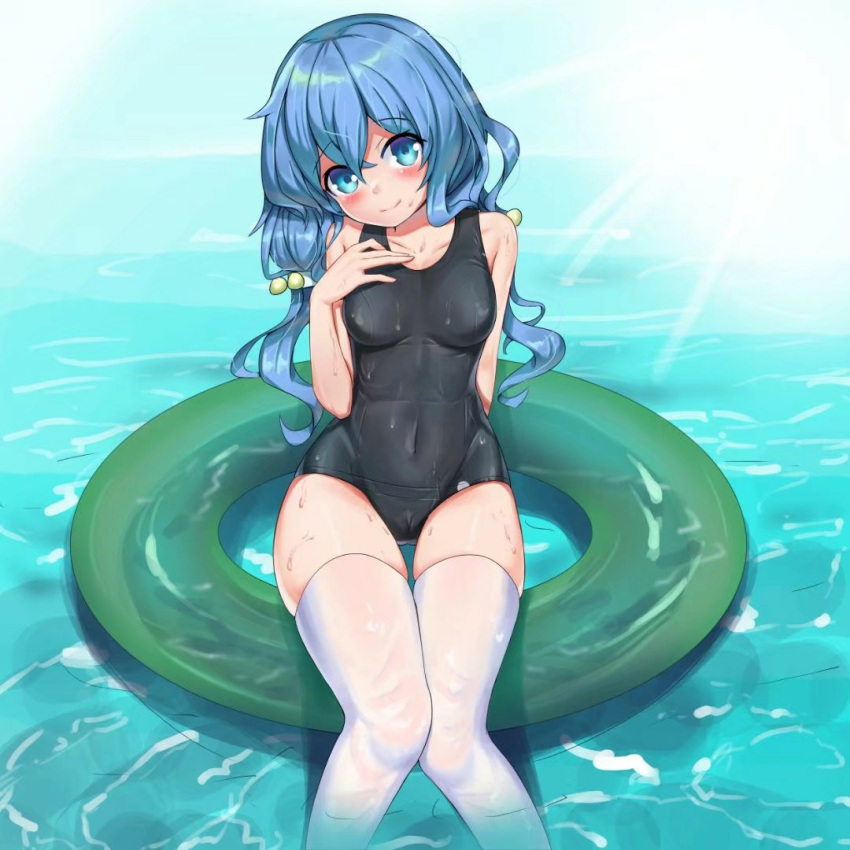 1girl aiza-ku black_swimsuit blue_eyes blue_hair breasts chinese_commmentary collarbone commentary_request covered_navel date_a_live feet_out_of_frame head_tilt innertube knees_together long_hair looking_at_viewer school_swimsuit small_breasts smile solo swimsuit thighhighs water wet wet_clothes wet_swimsuit white_legwear yoshino_(date_a_live)