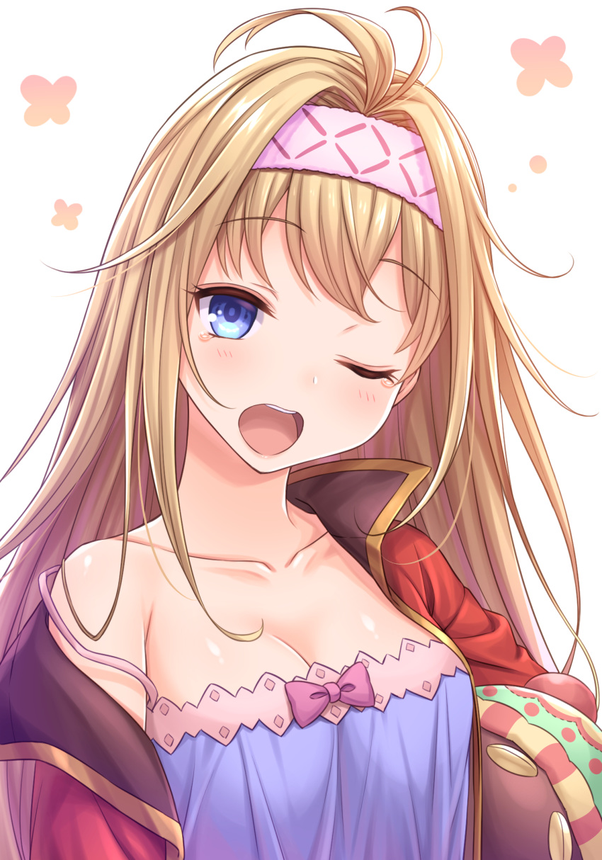 1girl blonde_hair blue_camisole blue_eyes blush camisole carrying_under_arm collarbone commentary_request granblue_fantasy hair_intakes hairband head_tilt highres jacket jeanne_d'arc_(granblue_fantasy) long_hair one_eye_closed open_clothes open_jacket open_mouth pink_hairband red_jacket round_teeth simple_background solo strap_slip stuffed_animal stuffed_toy tears teeth tomo_(user_hes4085) upper_body upper_teeth white_background yawning