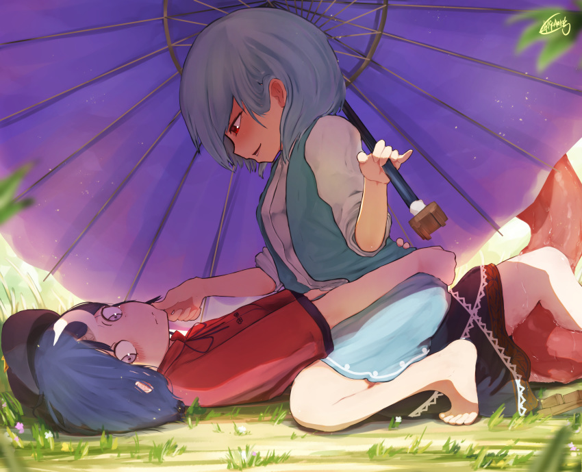 2girls absurdres bare_legs barefoot blue_hair blue_vest blush chinese_clothes closed_mouth commentary_request day from_side girl_on_top grass half-closed_eyes hand_on_another's_chin hand_up hands_on_ass hat highres holding holding_umbrella jiangshi karakasa_obake kneeling licking looking_down looking_to_the_side lying medium_hair miyako_yoshika multiple_girls ofuda on_back on_ground outdoors outstretched_arms parted_lips pinky_out purple_eyes red_eyes saliva seductive_smile senzaicha_kasukadoki shade shirt sidelocks signature skirt smile tatara_kogasa toes tongue touhou umbrella vest wet white_shirt yuri
