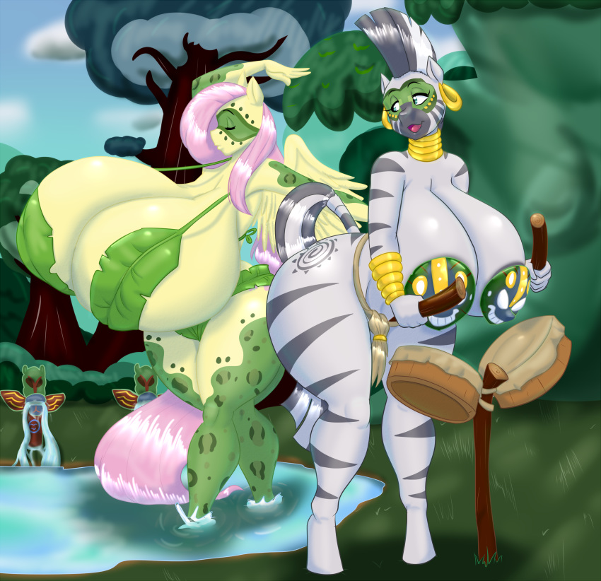 2019 absurd_res anthro big_breasts blues64 breasts coralleaf duo equid equine eyes_closed female fluttershy_(mlp) friendship_is_magic hi_res huge_breasts hyper hyper_breasts mammal marauder6272 my_little_pony outside pterippus water zebra zecora_(mlp)
