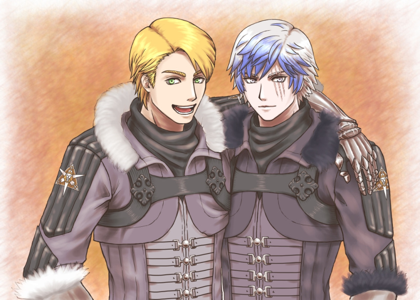 2boys armor blonde_hair blue_hair clothes coat fur_coat gloves green_eyes groh jacket looking_at_viewer male_focus multicolored_hair multiple_boys open_mouth scar short_hair silver_hair simple_background smile soul_calibur soulcalibur_vi teeth