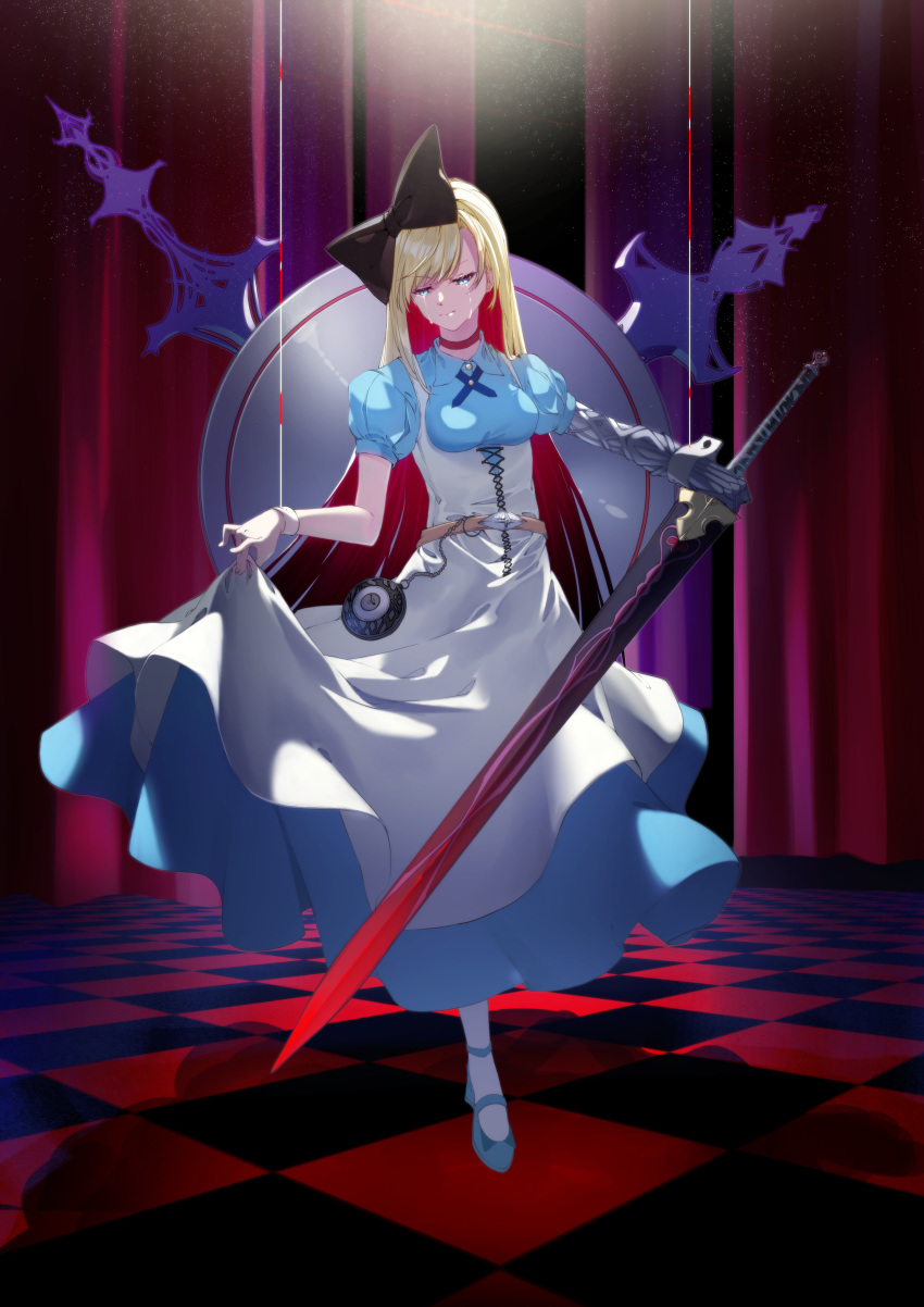 1girl absurdres alice_(wonderland) alice_in_wonderland apron apron_hold bangs black_bow blonde_hair blue_dress blue_eyes blue_footwear bow breasts checkered checkered_floor choker closed_mouth collared_dress commentary_request crying crying_with_eyes_open dress eyebrows_visible_through_hair gauntlets hair_bow half-closed_eyes head_tilt highres holding holding_sword holding_weapon long_hair medium_breasts multicolored_hair pantyhose puffy_short_sleeves puffy_sleeves red_choker red_hair shadow shoes short_sleeves single_gauntlet solo standing standing_on_one_leg sword tears two-tone_hair v-shaped_eyebrows very_long_hair weapon white_apron white_legwear wrist_cuffs yople_star_man