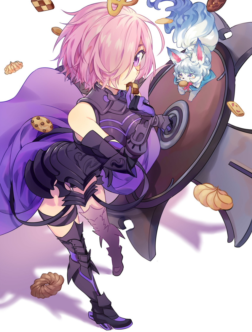 1girl absurdres animal armor armored_dress bare_shoulders black_dress black_legwear breasts commentary_request cookie dress fate/grand_order fate_(series) food fou_(fate/grand_order) fur gauntlets hair_over_one_eye highres holding holding_cookie holding_food large_breasts lavender_hair looking_at_viewer mash_kyrielight o0baijin0o purple_eyes purple_hair shield short_hair simple_background smile solo white_background