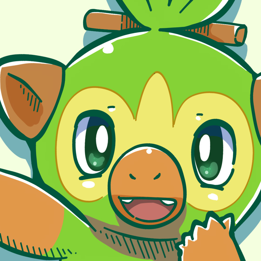 :d commentary creature creatures_(company) english_commentary face fangs game_freak gen_8_pokemon grookey happy highres nintendo no_humans open_mouth pokemon pokemon_(creature) smile solo techranova