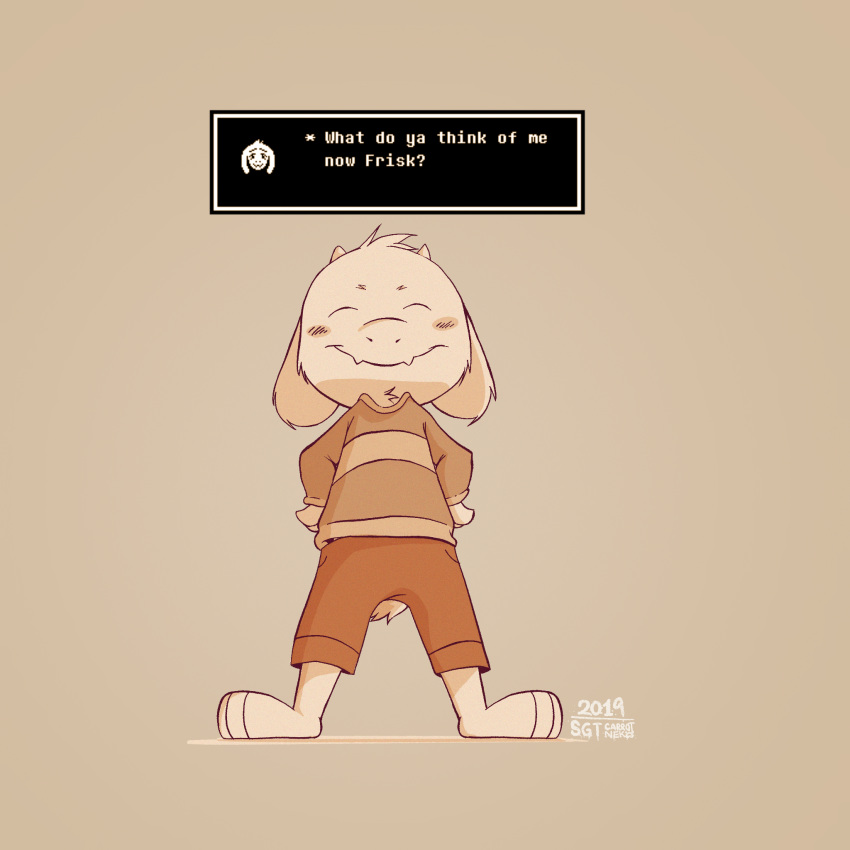 2019 anthro asriel_dreemurr blush bovid caprine cub dialogue english_text goat hi_res mammal sgtcarrotneko signature smile solo standing text text_box undertale video_games young