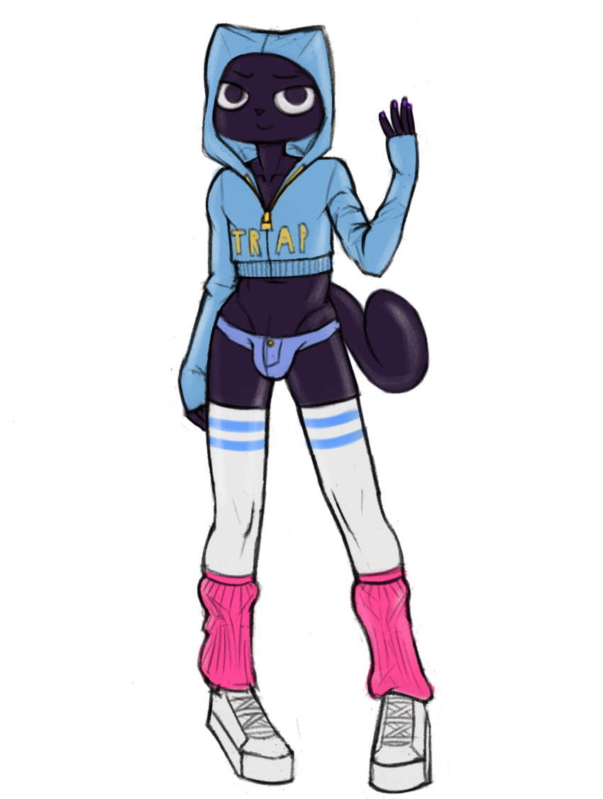 2019 anthro black_fur blue_bottomwear blue_topwear bulge catboy_(comic) clothed clothing crossdressing denim_shorts digital_media_(artwork) domestic_cat felid feline felis footwear fur half-closed_eyes henry_(catboy) hi_res hoodie legwear male mammal midriff shoes shorts simple_background smile smirk solo standing thigh_highs white_background white_shoes zambs