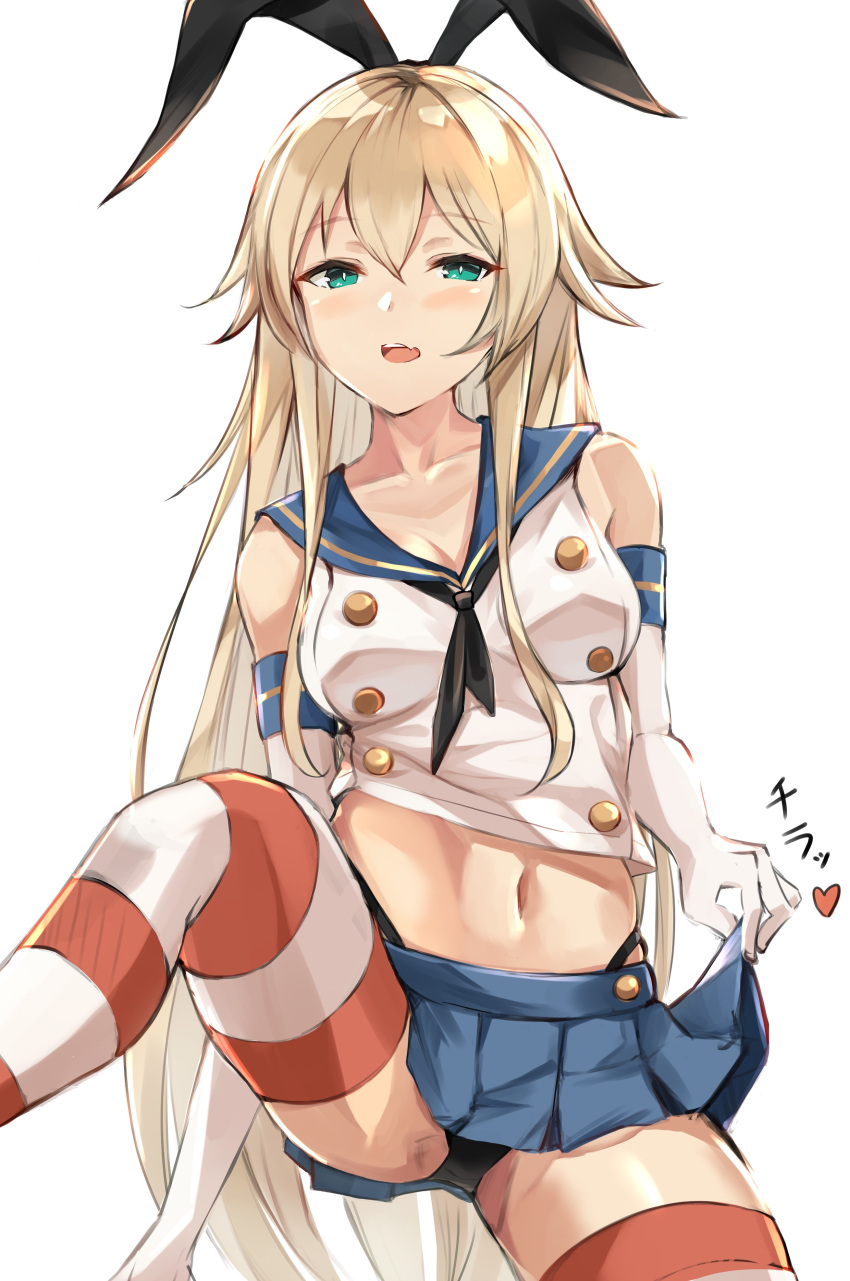 1girl absurdres aqua_eyes bangs black_neckwear black_panties black_ribbon blonde_hair blue_skirt blush collarbone crop_top crop_top_overhang elbow_gloves eyebrows_visible_through_hair gloves hair_between_eyes hair_ribbon hairband highleg highleg_panties highres kantai_collection leg_up lifted_by_self long_hair looking_at_viewer midriff miniskirt monyu_(monyupop) navel neckerchief open_mouth panties pleated_skirt ribbon sailor_collar school_uniform serafuku shimakaze_(kantai_collection) sidelocks simple_background skin_fang skirt skirt_lift smile solo stomach striped striped_legwear thighhighs underwear white_background white_gloves