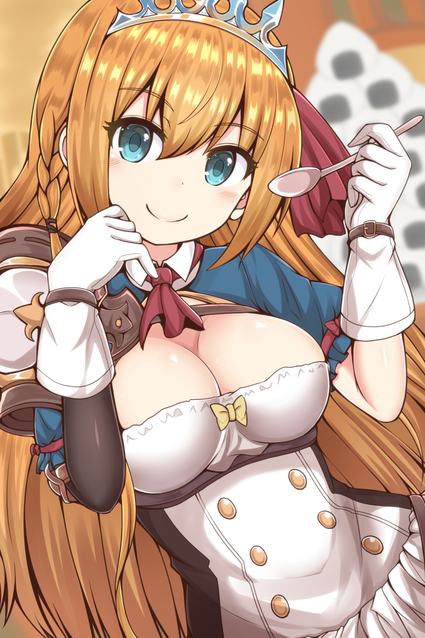 1girl blue_eyes blurry blush braid breasts buttons c: cleavage closed_mouth depth_of_field food gloves hair_ribbon hands_up highres holding holding_spoon large_breasts long_hair looking_at_viewer masa_masa onigiri orange_hair pecorine princess_connect! princess_connect!_re:dive red_neckwear ribbon shirt short_sleeves shoulder_armor sidelocks single_spaulder smile solo spoon tiara upper_body white_gloves white_shirt wing_collar