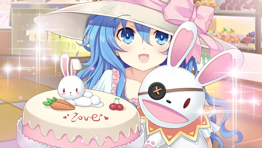 1girl aqua_eyes aqua_hair blue_eyes bunny cake carrot cherry curly_hair date_a_live diffraction_spikes eyebrows_visible_through_hat eyepatch food food_writing frills fruit hat long_hair looking_at_viewer open_mouth puppet smile tsunako upper_body yoshino_(date_a_live) yoshinon