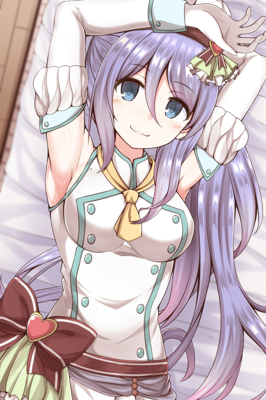 1girl :3 armpits arms_up bangs bare_shoulders bed blue_eyes blurry blush breasts buttons closed_mouth commentary_request depth_of_field detached_sleeves double-breasted gloves hair_between_eyes hair_ornament heart highres hoshino_shizuru lavender_hair long_hair long_sleeves looking_at_viewer lying masa_masa medium_breasts on_back on_bed princess_connect! princess_connect!_re:dive red_ribbon ribbon shirt smile solo very_long_hair white_gloves white_shirt yellow_neckwear