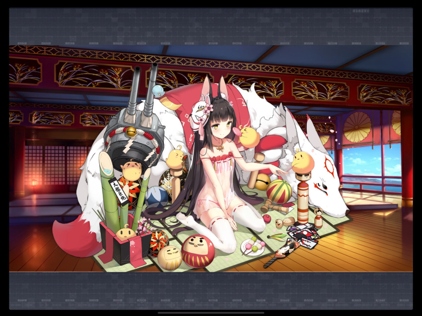 1girl alternate_costume animal_ears azur_lane babydoll bangs bare_shoulders black_hair blunt_bangs blush boqboq breasts brown_eyes character_name dango expressions eyebrows_visible_through_hair food fox_ears full_body hair_ornament highres jewelry kokeshi long_hair looking_at_viewer mask mask_on_head nagato_(azur_lane) necklace off_shoulder official_art open_mouth see-through sitting smile solo tatami thighhighs very_long_hair wagashi wariza watermark white_legwear