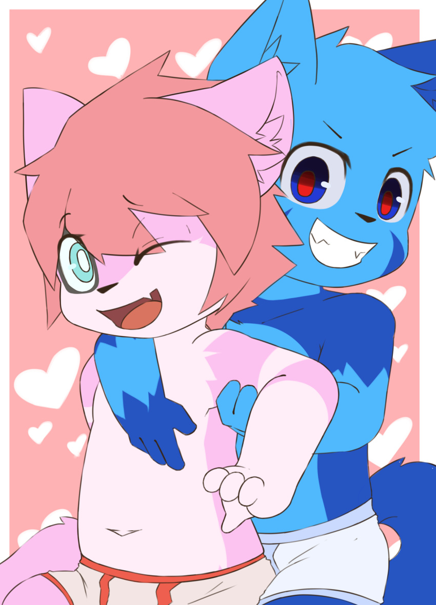 &lt;3 absurd_res blue_eyes blue_fur briefs clothed clothing cub cute_fangs cynxie_(artist) domestic_cat duo embrace felid feline felis fur grin hand_on_chest haziq(hazumazu) hi_res hug looking_at_viewer male mammal navel naz_namaki_(cynxie) one_eye_closed open_mouth pink_fur simple_background sitting smile topless underwear young