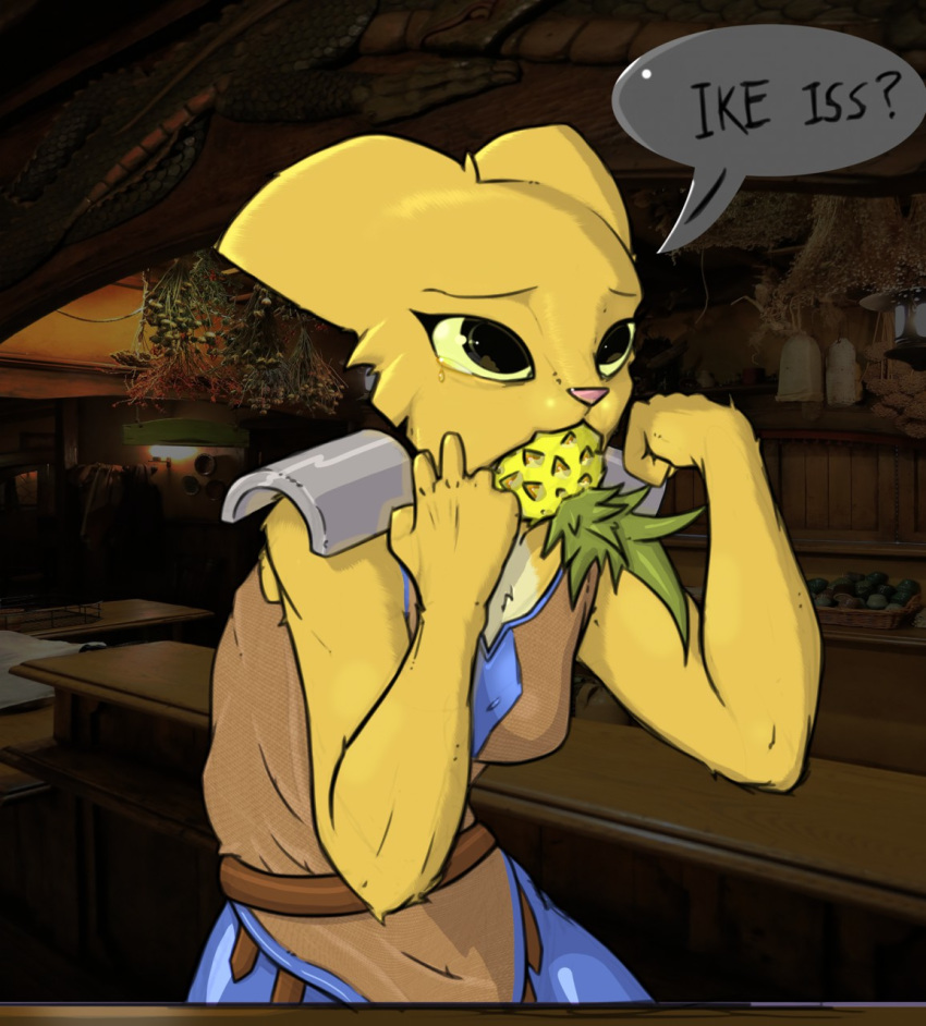 anthro bethesda_softworks bluedraggy dialogue felid female food fruit hi_res katia_managan khajiit mammal pineapple prequel sentientsocks solo text the_elder_scrolls video_games webcomic