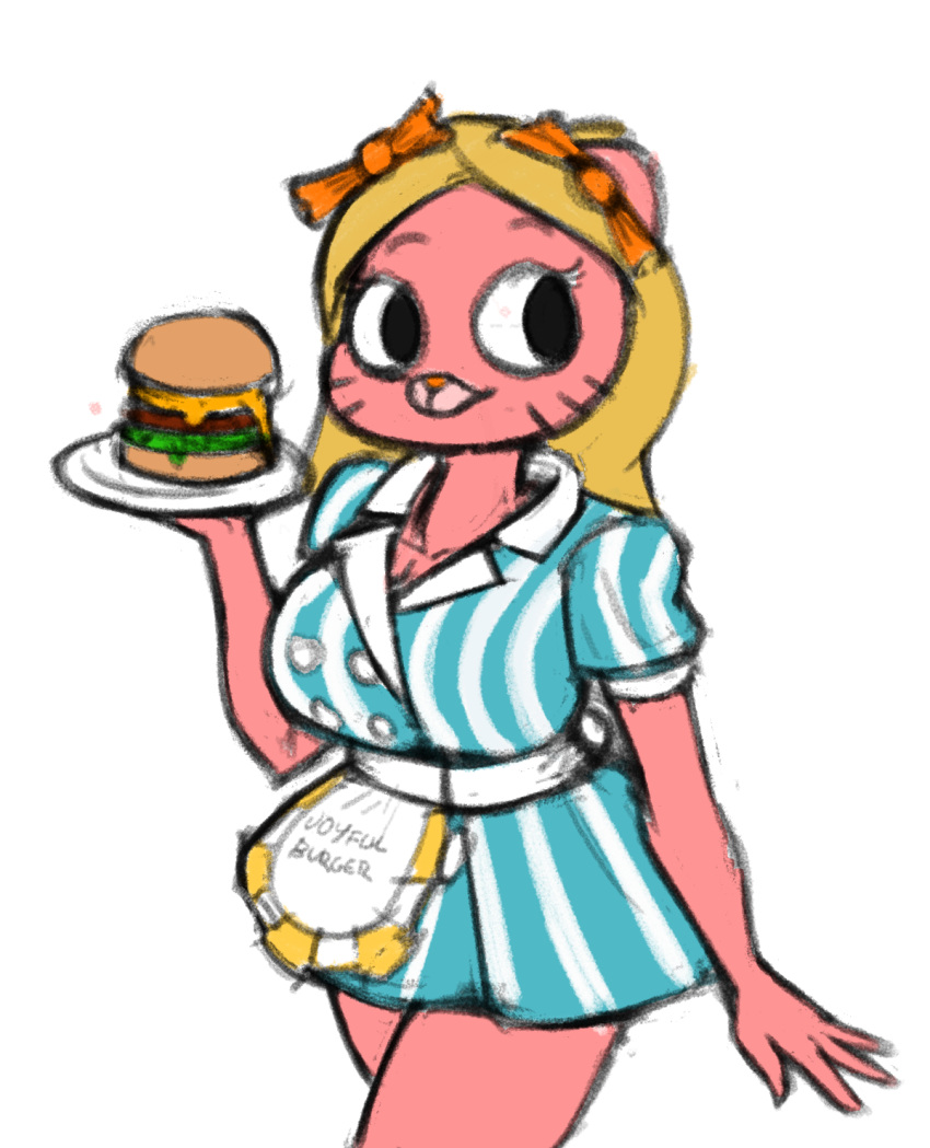 2019 4_fingers alternate_color anthro blonde_hair breasts burger cartoon_network clothed clothing crossgender digital_media_(artwork) domestic_cat felid feline felis female food fur gumball_watterson hair hi_res mammal pink_fur simple_background skirt solo the_amazing_world_of_gumball waiter walking whiskers white_background zambs