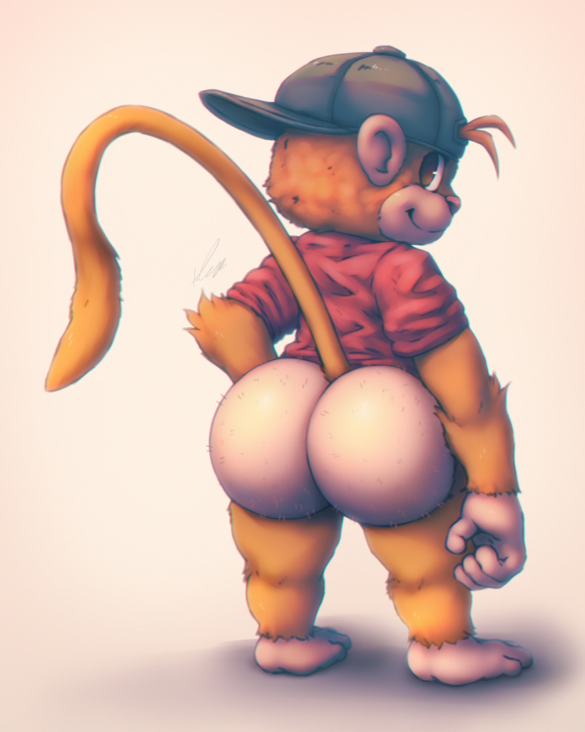 2019 anthro backwards_baseball_cap baseball_cap big_butt bitfly bottomless butt cartoon_network clothed clothing digital_media_(artwork) fur gradient_background hairy hat hi_res jake_spidermonkey looking_back male mammal monkey my_gym_partner's_a_monkey orange_fur primate raised_tail rear_view shirt signature simple_background smile solo spider_monkey