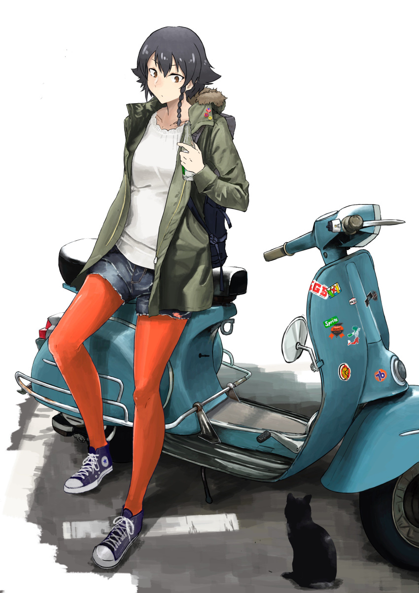 1girl absurdres american_flag backpack badge bag bangs black_cat black_hair black_shorts blue_footwear bottle braid brown_eyes casual cat closed_mouth commentary converse cutoffs denim denim_shorts fur-trimmed_hood girls_und_panzer green_jacket ground_vehicle hair_tie highres holding holding_bottle hood hooded_jacket italy jacket legwear_under_shorts light_frown logo motor_vehicle nokogiriotoko open_clothes open_jacket pantyhose pepperoni_(girls_und_panzer) red_legwear scooter shirt shoes short_hair short_shorts shorts side_braid sneakers soda_bottle solo sprite_(drink) standing vespa white_background white_shirt