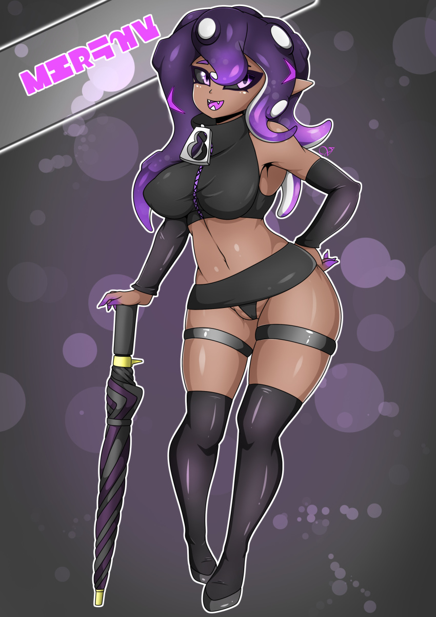 2019 absurd_res black_sclera camel_toe cephalopod clothed clothing digital_media_(artwork) female hi_res humanoid looking_at_viewer marine miruha_(zzvinniezz) mollusk nintendo octarian octoling open_mouth scar simple_background smile solo splatoon thick_thighs umbrella video_games zzvinniezz