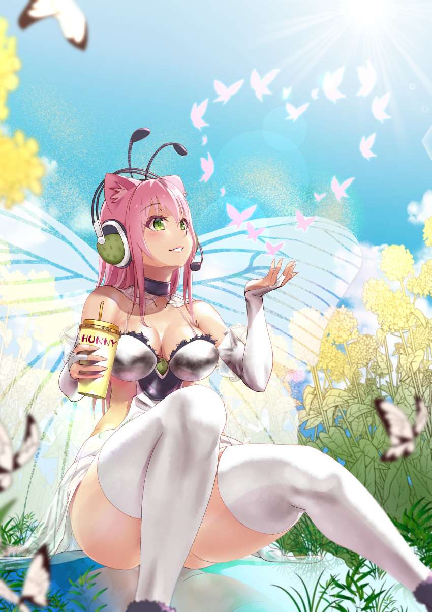 1girl absurdres animal_ears bare_shoulders blush breasts bridal_gauntlets cat_ears cat_tail cleavage elbow_gloves fingerless_gloves ganari_ryuu gloves green_eyes headphones headset highres large_breasts long_hair original pink_hair smile solo super_tama_musume tail tamatoys thighhighs