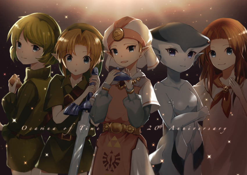 1boy 4girls harem hylian instrument kokiri malon master_sword monster_girl multiple_girls nintendo ocarina princess_ruto princess_zelda saria the_legend_of_zelda the_legend_of_zelda:_ocarina_of_time triforce young_link young_zelda zora