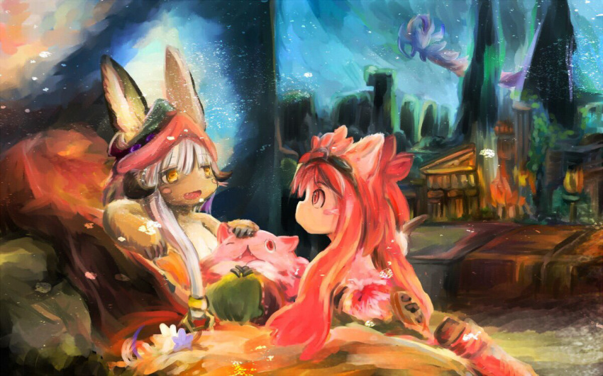 1girl 1other animal_ears bangs belafu blush creature dual_persona ears_through_headwear furry long_hair made_in_abyss mitty_(made_in_abyss) mitty_(made_in_abyss)_(furry) nanachi_(made_in_abyss) open_mouth paws pumichi red_eyes red_hair whiskers white_hair yellow_eyes