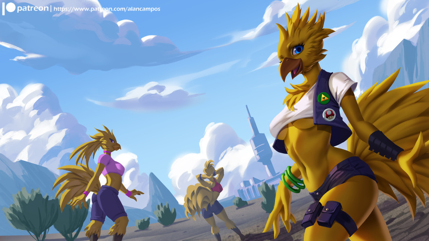 2019 5_fingers alanscampos anthro avian beak blue_eyes breasts butt_pose chocobo clothed clothing day detailed_background digital_media_(artwork) female final_fantasy group hi_res midriff navel non-mammal_breasts outside sky smile square_enix standing under_boob video_games