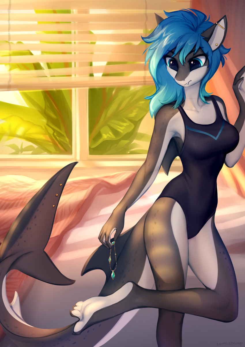 2019 4_toes 5_fingers absurd_res anthro bedroom blue_eyes blue_hair breasts claws clothing detailed_background digital_media_(artwork) ear_piercing erika_(ambris) fangs female fish furgonomics furry-specific_piercing hair hi_res jewelry marine necklace non-mammal one-piece_swimsuit piercing shark short_hair solo standing swimsuit tail_piercing toe_claws toe_curl toes tomatocoup
