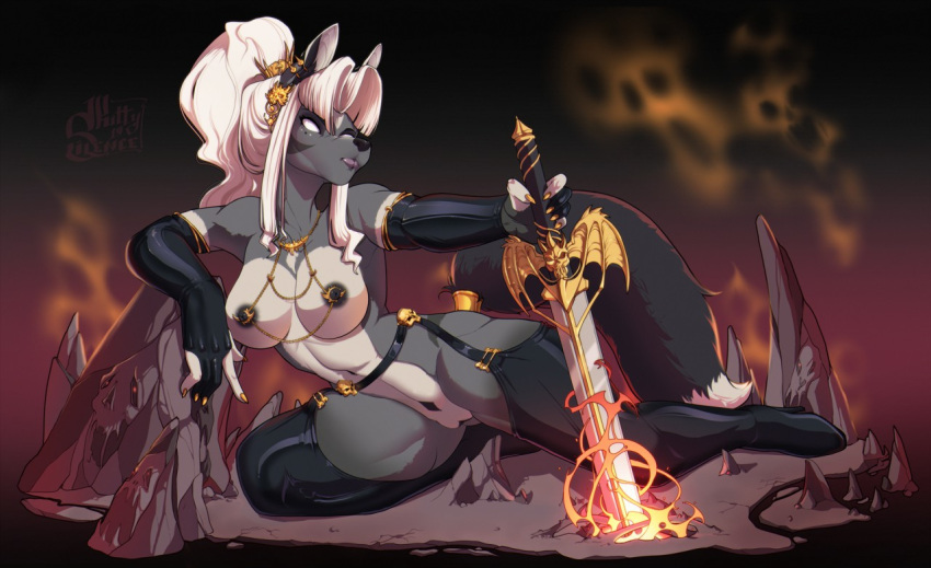 anthro breasts canid canine clothing female garter_straps kitty_silence kneeling legwear mammal melee_weapon nipple_piercing nipples piercing pussy solo sword thick_thighs thigh_highs weapon