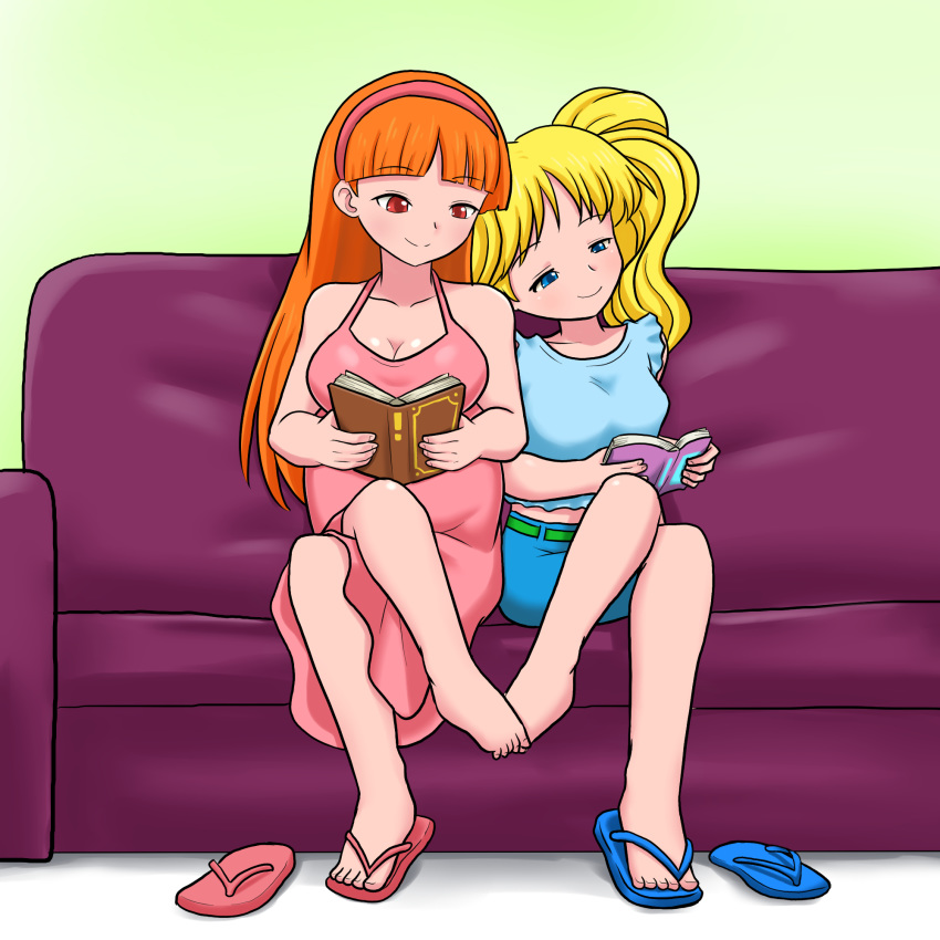 adult barefoot blonde_hair blossom_(ppg) blouse book bubbles_(ppg) dress eyes_open footsie hairband highres j8d older one_shoe_off pigtails powerpuff_girls reading red_hair safe sandals skirt smile