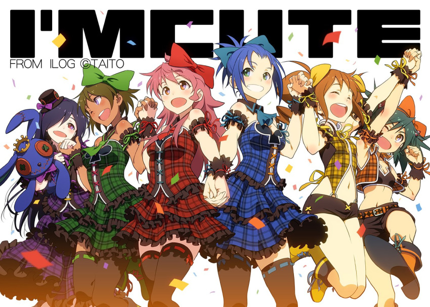 6+girls :d armband ascot bangs bikini black_hair black_headwear black_legwear black_shirt black_shorts blue_bikini blue_hair blue_neckwear blue_sky blurry blurry_foreground boots bow bowtie brown_hair chiba_otoha club_(shape) commentary_request confetti copyright_name crop_top dark_skin depth_of_field detached_collar dress english_text eshima_nozomi eyebrows_visible_through_hair eyes_closed fang frilled_dress frills green_bow green_eyes green_neckwear grin hair_bow hair_over_one_eye hair_pulled_back hand_holding hat hat_bow heart_cutout holding holding_stuffed_animal idol ilog interlocked_fingers isohara_nami jacket jumping katsumi_misaki layered_dress leg_up long_hair medium_dress mini_hat mini_top_hat multiple_girls navel neck_ribbon o-ring one_eye_closed open_mouth orange_belt orange_bow orange_eyes orange_footwear orange_hair orange_jacket pairan pink_hair purple_dress purple_eyes purple_neckwear red_bow red_eyes red_neckwear ribbon ribbon-trimmed_legwear ribbon_trim shirt short_dress short_shorts short_twintails shorts side-by-side sky sleeveless sleeveless_jacket sleeveless_shirt smile spade_(shape) standing standing_on_one_leg strapless strapless_dress stuffed_animal stuffed_bunny stuffed_toy swept_bangs swimsuit thighhighs top_hat tsukihoshi_kirara twintails uehara_hinata white_background wristband yellow_bow yellow_footwear yellow_neckwear yellow_shirt