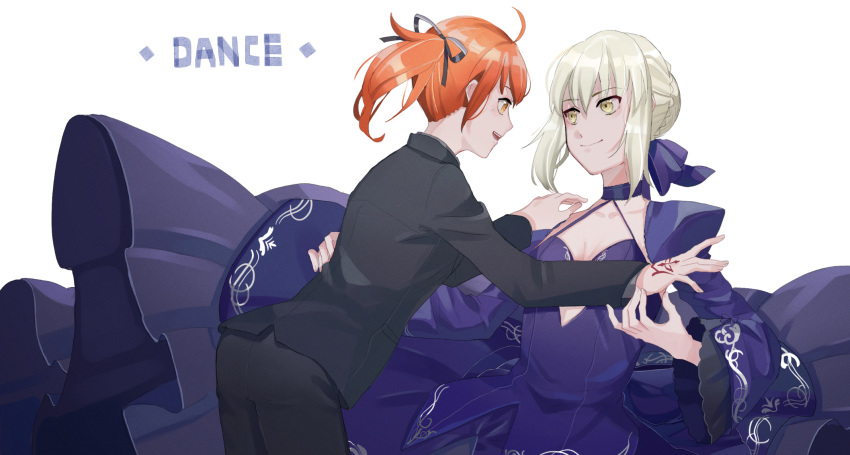 2girls :d artoria_pendragon_(all) black_jacket black_pants black_ribbon blue_bow bow braided_bun brown_eyes brown_hair collarbone dress eye_contact fate/grand_order fate_(series) formal fujimaru_ritsuka_(female) gina_61324 hair_bow hair_ribbon highres jacket leaning_forward long_sleeves looking_at_another multiple_girls open_mouth pants ponytail purple_dress purple_sleeves ribbon saber_alter short_hair shrug_(clothing) silver_hair simple_background sleeveless sleeveless_dress smile white_background yellow_eyes