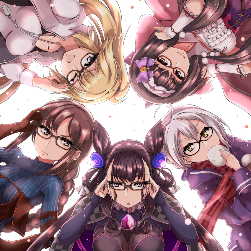 5girls :d adjusting_eyewear ahoge artoria_pendragon_(all) black_hair blonde_hair blue_eyes bodysuit braid breasts brown_eyes brown_hair collarbone commentary_request consort_yu_(fate) double_bun eating elbow_gloves fate/grand_order fate_(series) glasses gloves grimjin hairband highres hood jeanne_d'arc_(fate)_(all) jeanne_d'arc_(swimsuit_archer) large_breasts long_braid looking_at_viewer medium_breasts multiple_girls murasaki_shikibu_(fate) mysterious_heroine_x_(alter) one_eye_closed open_mouth osakabe-hime_(fate/grand_order) ponytail purple_eyes purple_hair silver_hair single_braid smile striped_bodysuit swimsuit whistle whistle_around_neck yellow_eyes
