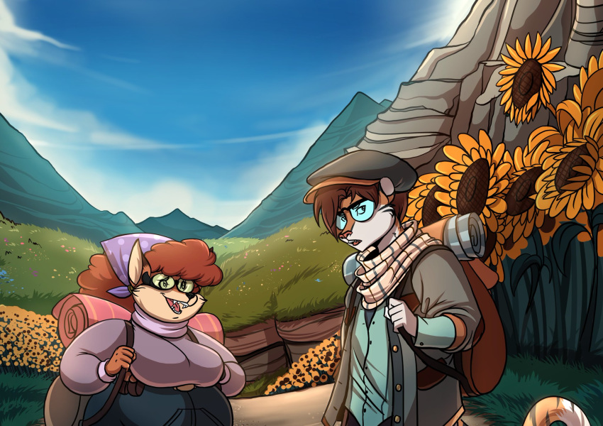 anthro backpack bag belt boots breasts brown_hair canid canine clothing curly_hair detailed_background dialogue eyewear fangs felid female flower footwear fox glasses hair hat head_scarf hi_res jacket jeans long_hair mammal mountain obese orange_hair overweight overweight_female pantherine pants plant renat_(state_of_flux) sandals scarf short_hair smile state_of_flux stripes sunflower sweater text thick_thighs tiger utility_belt vix_(state_of_flux) volkenfox