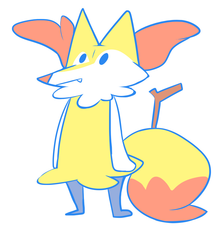 2019 absurd_res ambiguous_gender anthro april_fools big_ears braixen canid canine digital_media_(artwork) fangs fur hi_res inner_ear_fluff kurus37 mammal nintendo pok&eacute;mon pok&eacute;mon_(species) simple_background solo stick video_games white_fur yellow_fur